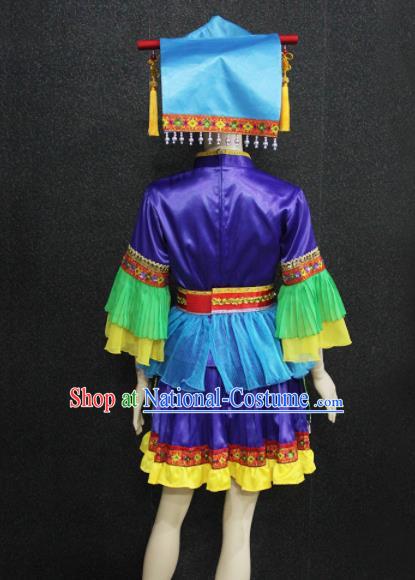 Chinese Traditional Mulao Nationality Purple Dress Ethnic Folk Dance Costume for Women