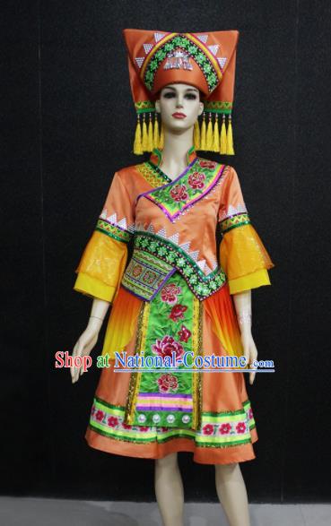 Chinese Traditional Zhuang Nationality Orange Dress Ethnic Folk Dance Costume for Women