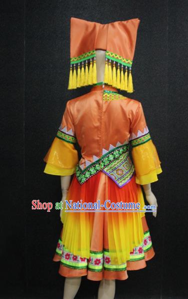 Chinese Traditional Zhuang Nationality Orange Dress Ethnic Folk Dance Costume for Women