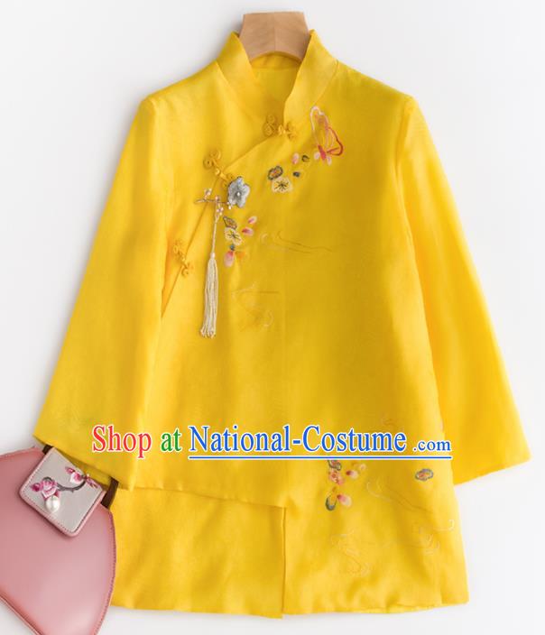 Chinese Traditional National Costume Tang Suit Cheongsam Yellow Blouse Upper Outer Garment for Women