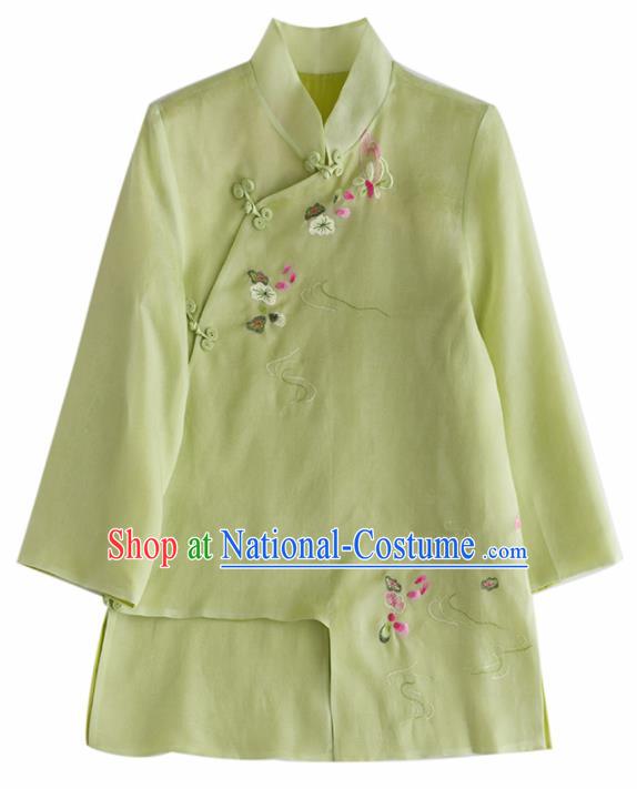 Chinese Traditional National Costume Tang Suit Cheongsam Green Blouse Upper Outer Garment for Women