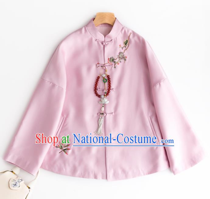 Chinese Traditional National Costume Tang Suit Embroidered Pink Blouse Upper Outer Garment for Women