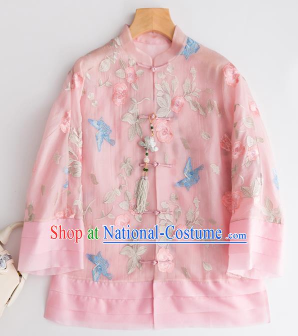 Chinese Traditional National Costume Tang Suit Embroidered Pink Organza Blouse Upper Outer Garment for Women