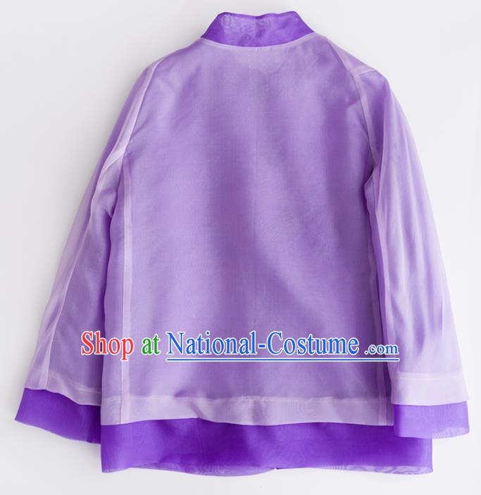 Chinese Traditional National Costume Tang Suit Embroidered Purple Organza Jacket Upper Outer Garment for Women