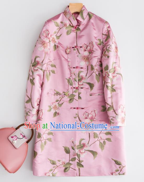 Chinese Traditional National Costume Tang Suit Embroidered Pink Coat Outer Garment for Women