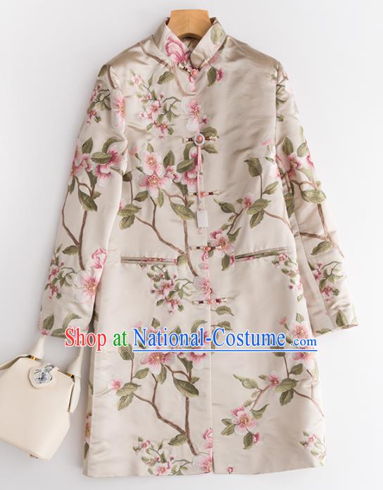 Chinese Traditional National Costume Tang Suit Embroidered Beige Coat Outer Garment for Women