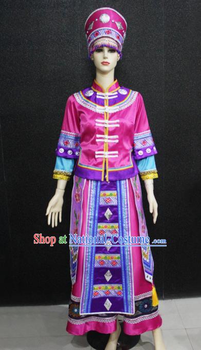 Chinese Traditional Xibe Nationality Rosy Dress Ethnic Folk Dance Costume for Women