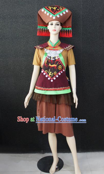 Chinese Traditional Zhuang Nationality Brown Clothing Ethnic Folk Dance Costume for Women