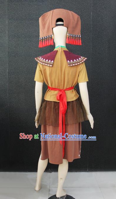 Chinese Traditional Zhuang Nationality Brown Clothing Ethnic Folk Dance Costume for Women