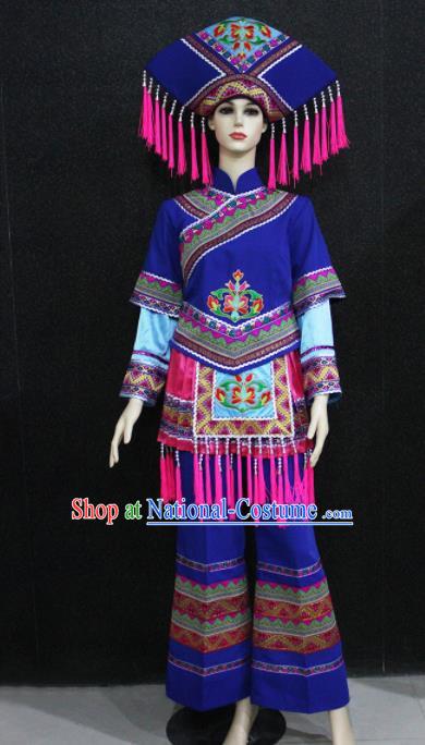 Chinese Traditional Zhuang Nationality Female Blue Clothing Ethnic Folk Dance Costume for Women