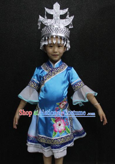 Chinese Traditional Folk Dance Costume Shui Nationality Ethnic Blue Dress for Kids