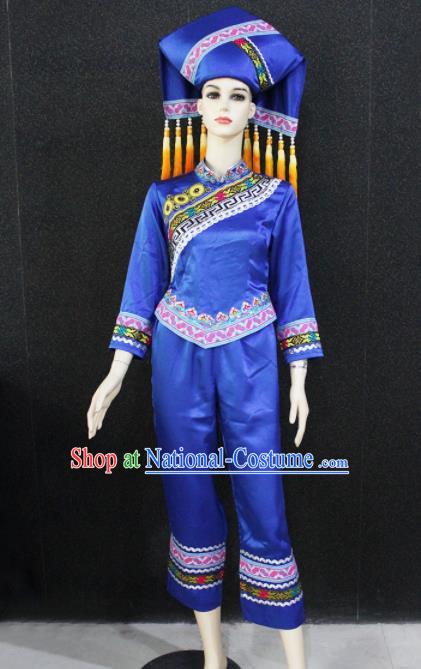 Chinese Traditional Zhuang Nationality Female Blue Clothing Ethnic Folk Dance Costume for Women