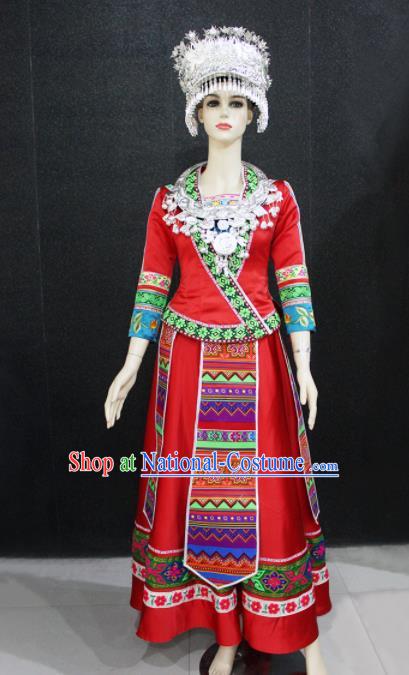 Chinese Traditional Miao Nationality Wedding Red Dress Ethnic Folk Dance Costume for Women