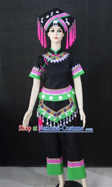 Chinese Traditional Zhuang Nationality Black Clothing Ethnic Folk Dance Costume for Women