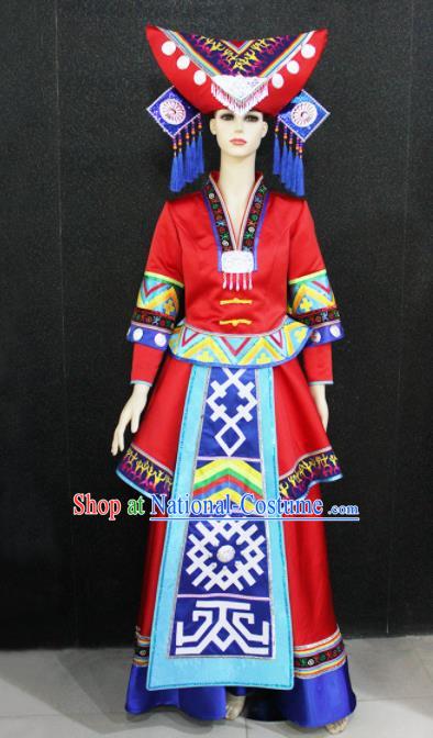 Chinese Traditional Zhuang Nationality Wedding Red Dress Ethnic Folk Dance Costume for Women