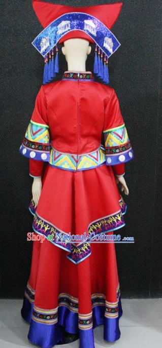 Chinese Traditional Zhuang Nationality Wedding Red Dress Ethnic Folk Dance Costume for Women