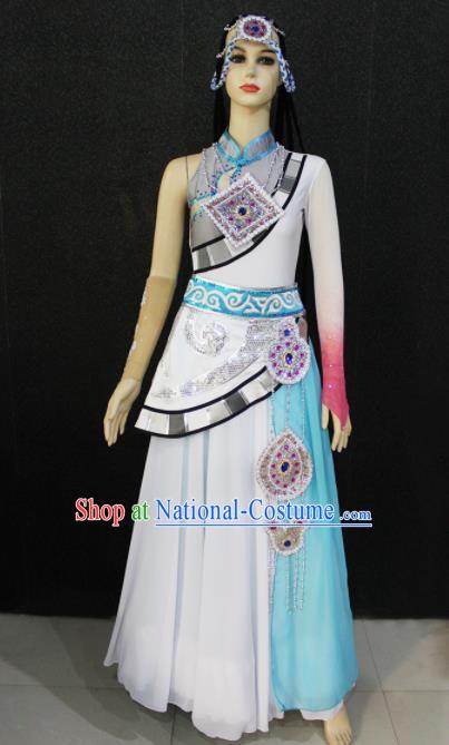 Chinese Traditional Zang Nationality White Dress Tibetan Ethnic Folk Dance Costume for Women