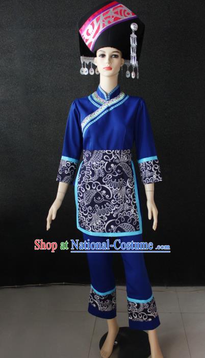 Chinese Traditional Zhuang Nationality Blue Clothing Ethnic Folk Dance Costume for Women