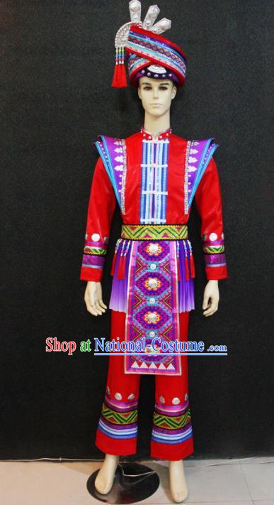 Chinese Traditional Ethnic Folk Dance Red Costume Zhuang Nationality Festival Clothing for Men