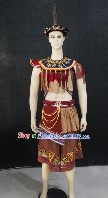 Chinese Traditional Ethnic Brown Costume Zhuang Nationality Festival Folk Dance Clothing for Men