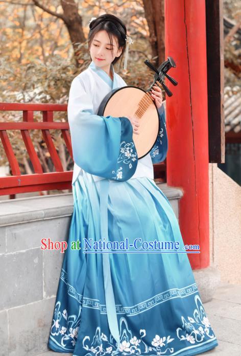 Traditional Chinese Ming Dynasty Nobility Lady Historical Costume Ancient Blue Hanfu Dress for Women