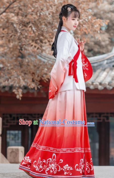 Traditional Chinese Ming Dynasty Historical Costume Ancient Young Lady Red Hanfu Dress for Women