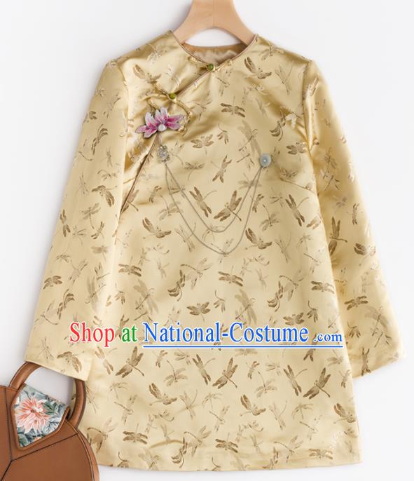 Chinese Traditional National Costume Tang Suit Golden Brocade Jacket Upper Outer Garment for Women