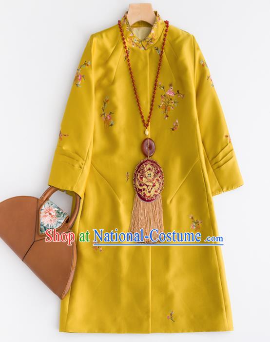 Chinese Traditional National Costume Tang Suit Yellow Dust Coat Embroidered Upper Outer Garment for Women