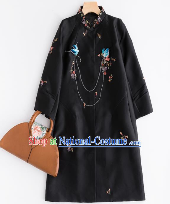 Chinese Traditional National Costume Tang Suit Black Dust Coat Embroidered Upper Outer Garment for Women