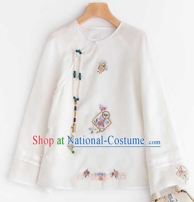 Chinese Traditional National Costume Tang Suit Embroidered White Blouse Upper Outer Garment for Women