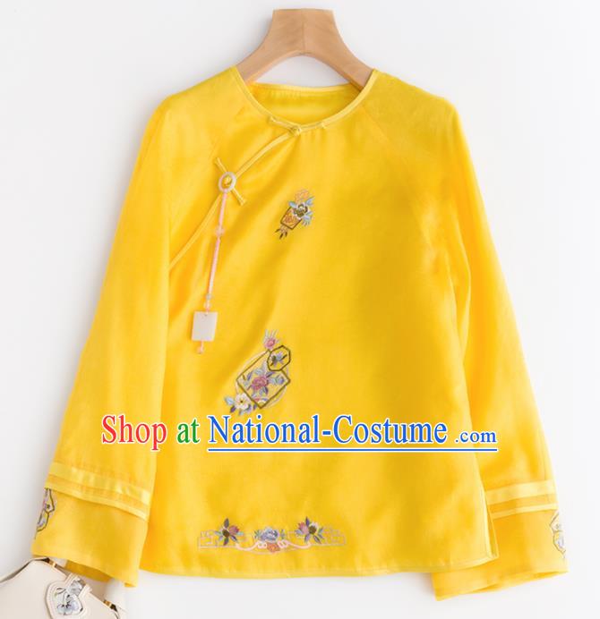 Chinese Traditional National Costume Tang Suit Embroidered Yellow Blouse Upper Outer Garment for Women