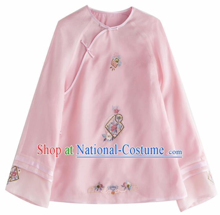 Chinese Traditional National Costume Tang Suit Embroidered Pink Blouse Upper Outer Garment for Women