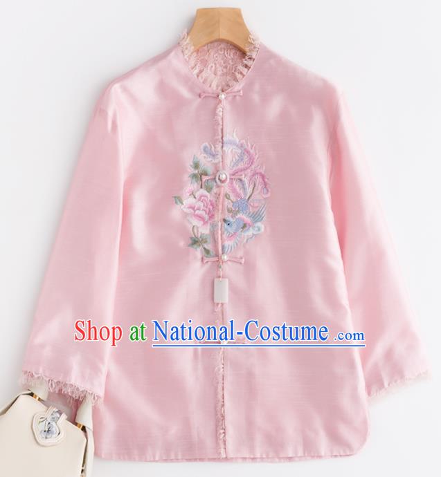 Chinese Traditional National Costume Tang Suit Upper Outer Garment Embroidered Pink Jacket for Women