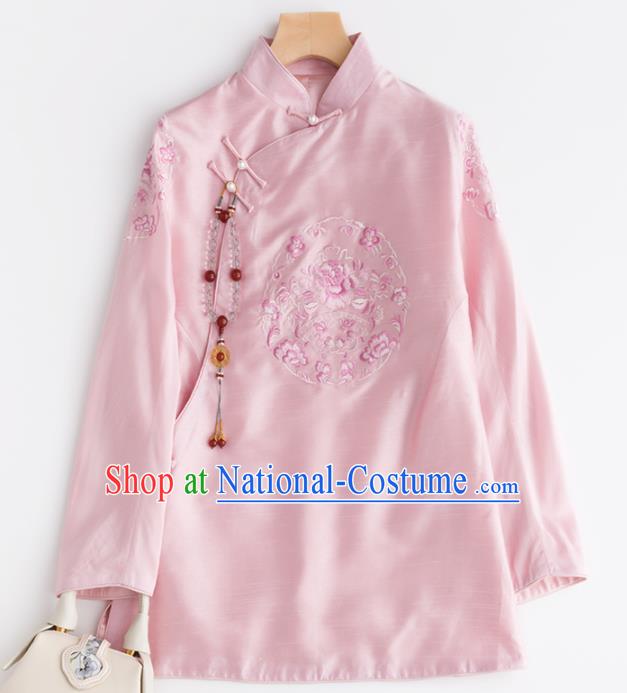 Chinese Traditional National Costume Tang Suit Upper Outer Garment Embroidered Pink Blouse for Women