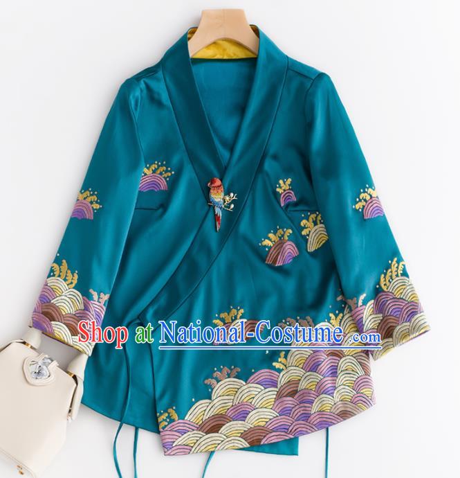 Chinese Traditional National Costume Tang Suit Upper Outer Garment Embroidered Blue Blouse for Women