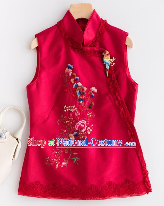 Traditional Chinese National Costume Tang Suit Rosy Vest Upper Outer Garment for Women