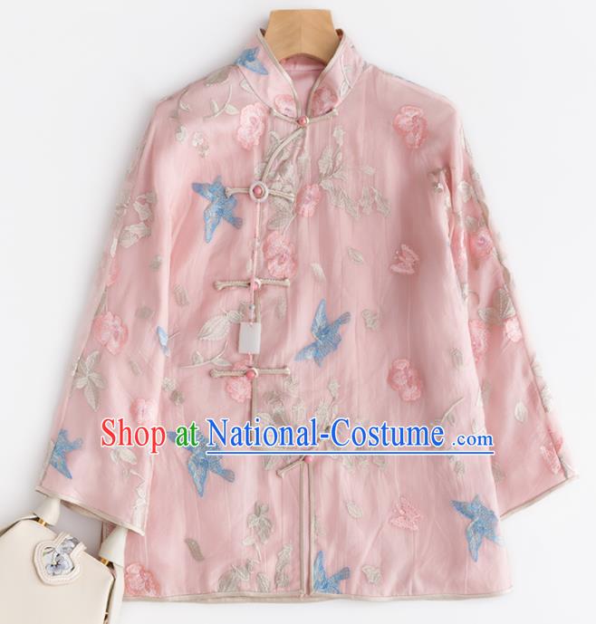 Chinese Traditional National Costume Tang Suit Upper Outer Garment Embroidered Pink Blouse for Women