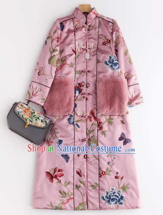 Chinese Traditional National Winter Costume Tang Suit Upper Outer Garment Embroidered Pink Coat for Women