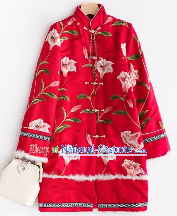 Chinese Traditional National Winter Costume Tang Suit Upper Outer Garment Embroidered Red Cotton Padded Coat for Women