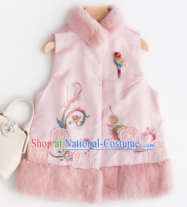 Traditional Chinese National Costume Tang Suit Pink Wool Waistcoat Upper Outer Garment for Women