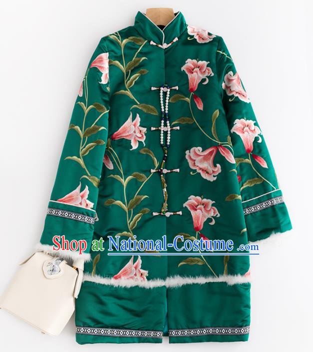 Chinese Traditional National Winter Costume Tang Suit Upper Outer Garment Embroidered Green Cotton Padded Coat for Women