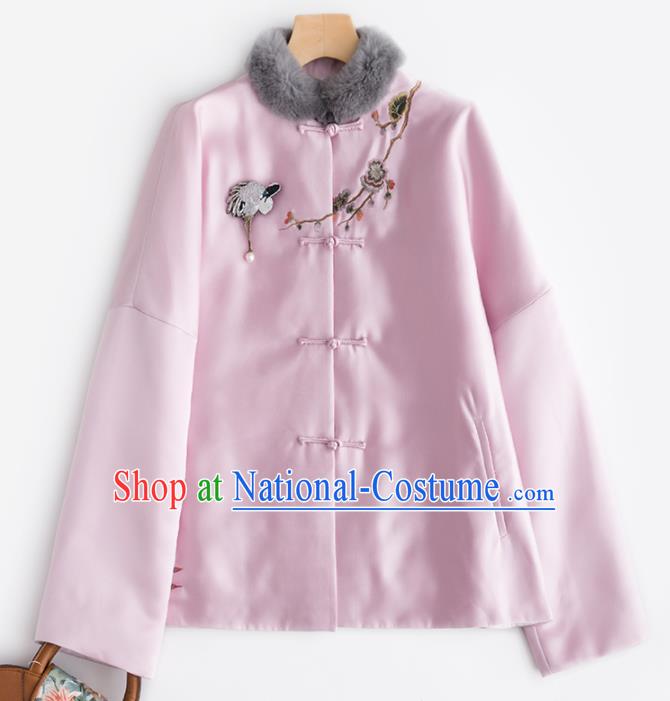 Chinese Traditional Tang Suit Pink Cotton Wadded Jacket National Costume Upper Outer Garment for Women