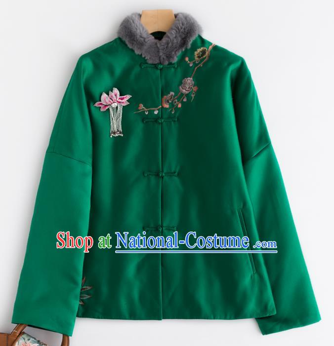 Chinese Traditional Tang Suit Green Cotton Wadded Jacket National Costume Upper Outer Garment for Women