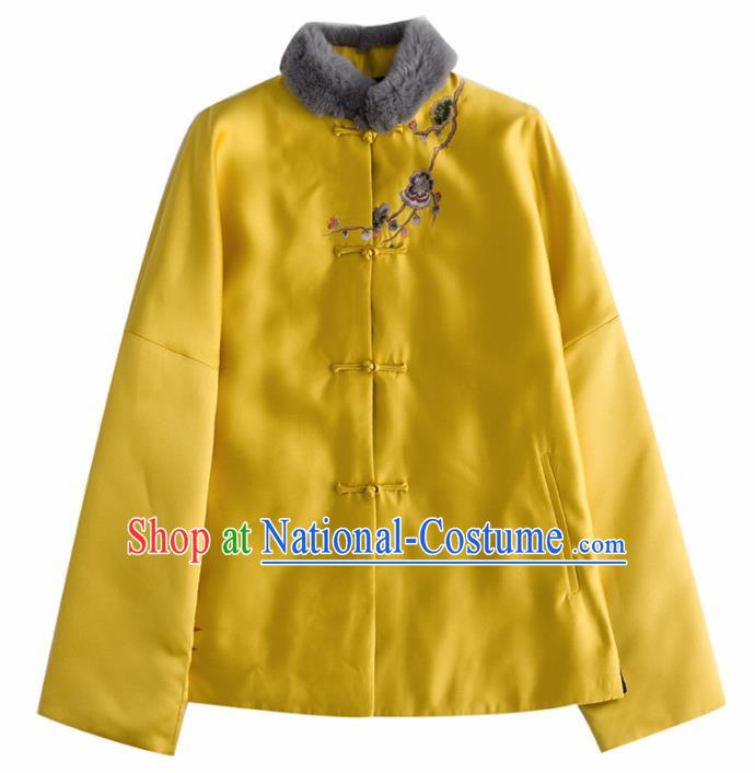 Chinese Traditional Tang Suit Yellow Cotton Wadded Jacket National Costume Upper Outer Garment for Women