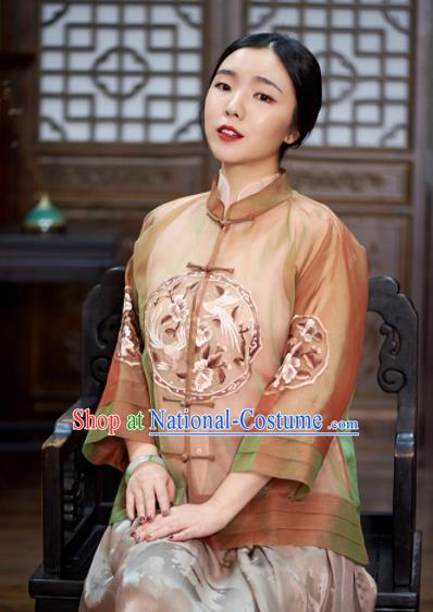 Chinese Traditional Tang Suit Embroidered Silk Blouse National Costume Upper Outer Garment for Women