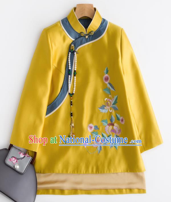 Chinese Traditional Tang Suit National Costume Upper Outer Garment Embroidered Yellow Coat for Women