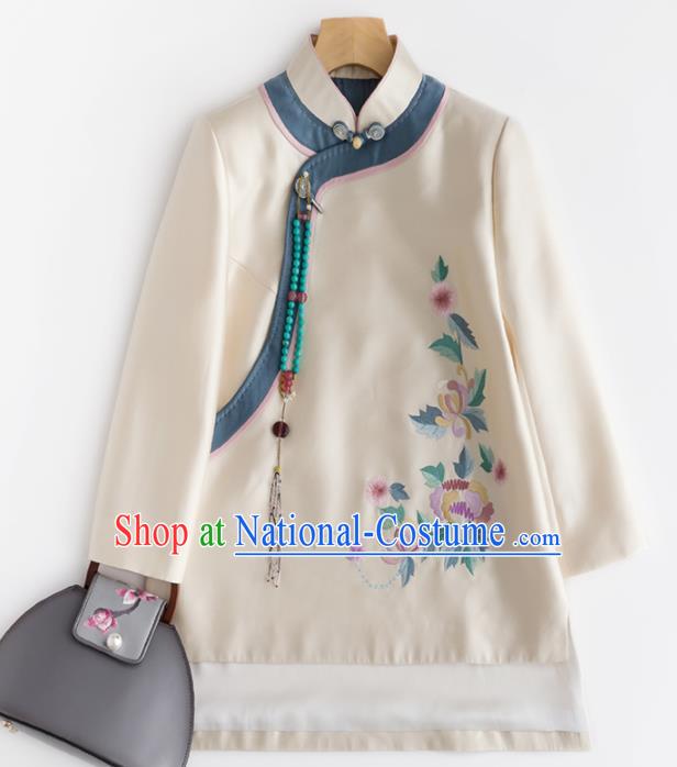 Chinese Traditional Tang Suit National Costume Upper Outer Garment Embroidered White Coat for Women