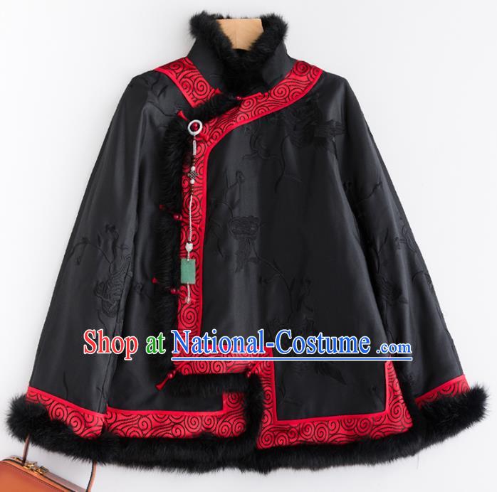 Chinese Traditional Tang Suit Black Cotton Wadded Jacket National Costume Upper Outer Garment for Women