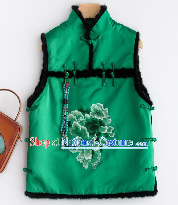 Traditional Chinese National Costume Tang Suit Embroidered Peony Green Waistcoat for Women