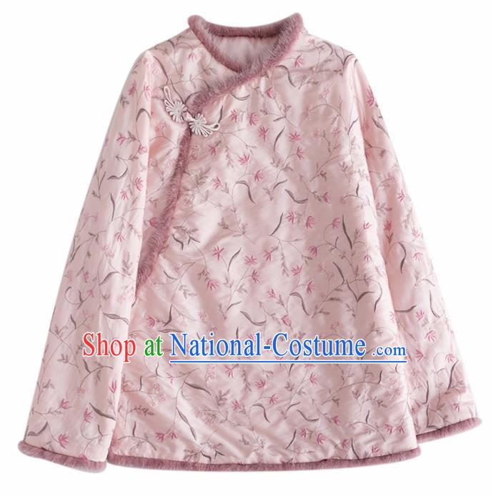 Chinese Traditional Tang Suit Pink Cotton Padded Jacket National Costume Upper Outer Garment for Women